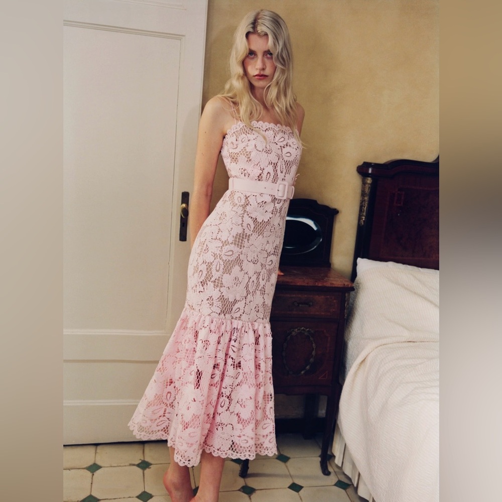Self-Portrait Pink Crochet Lace Midi Dress